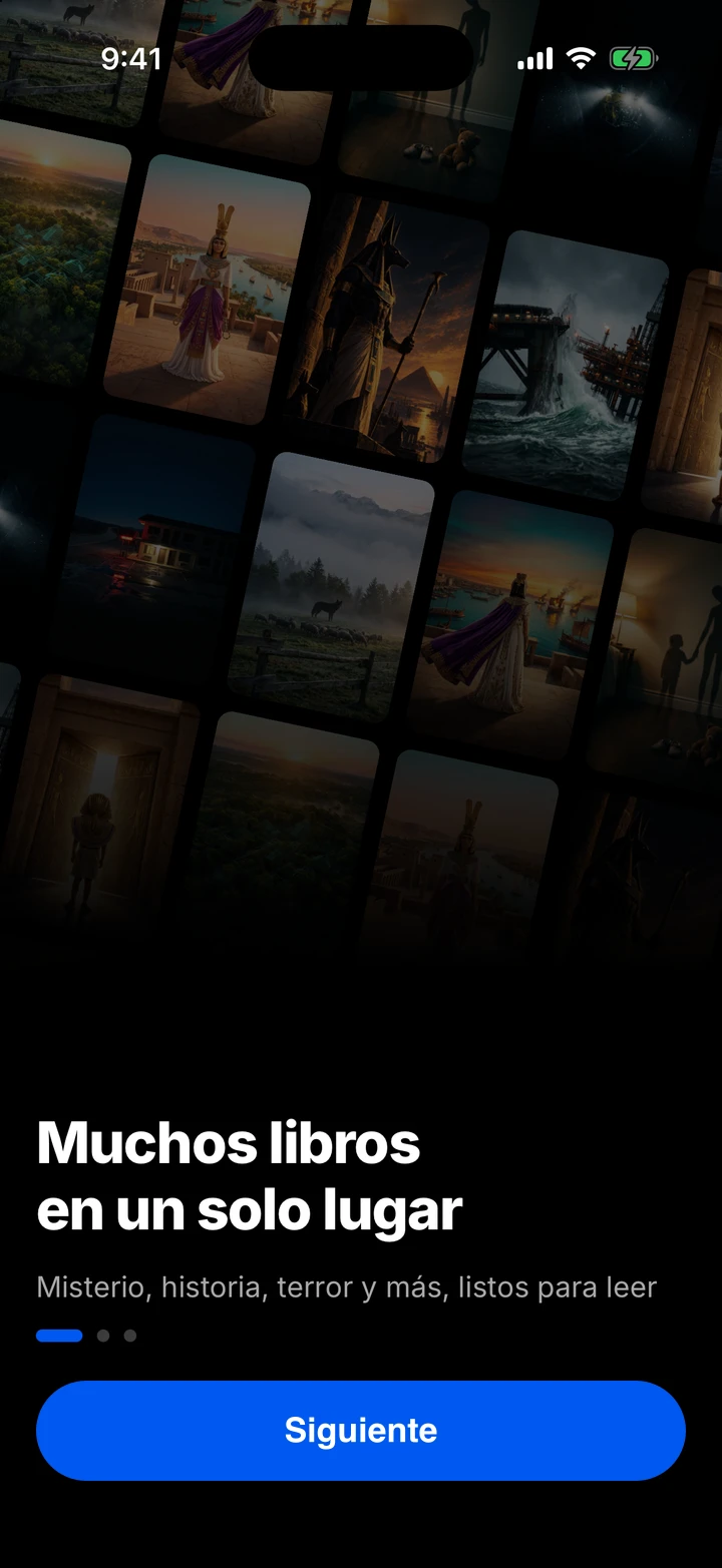 Illustration of the app's Library screen: a story of the day with audio, chapters, My list, read stories and star ratings.